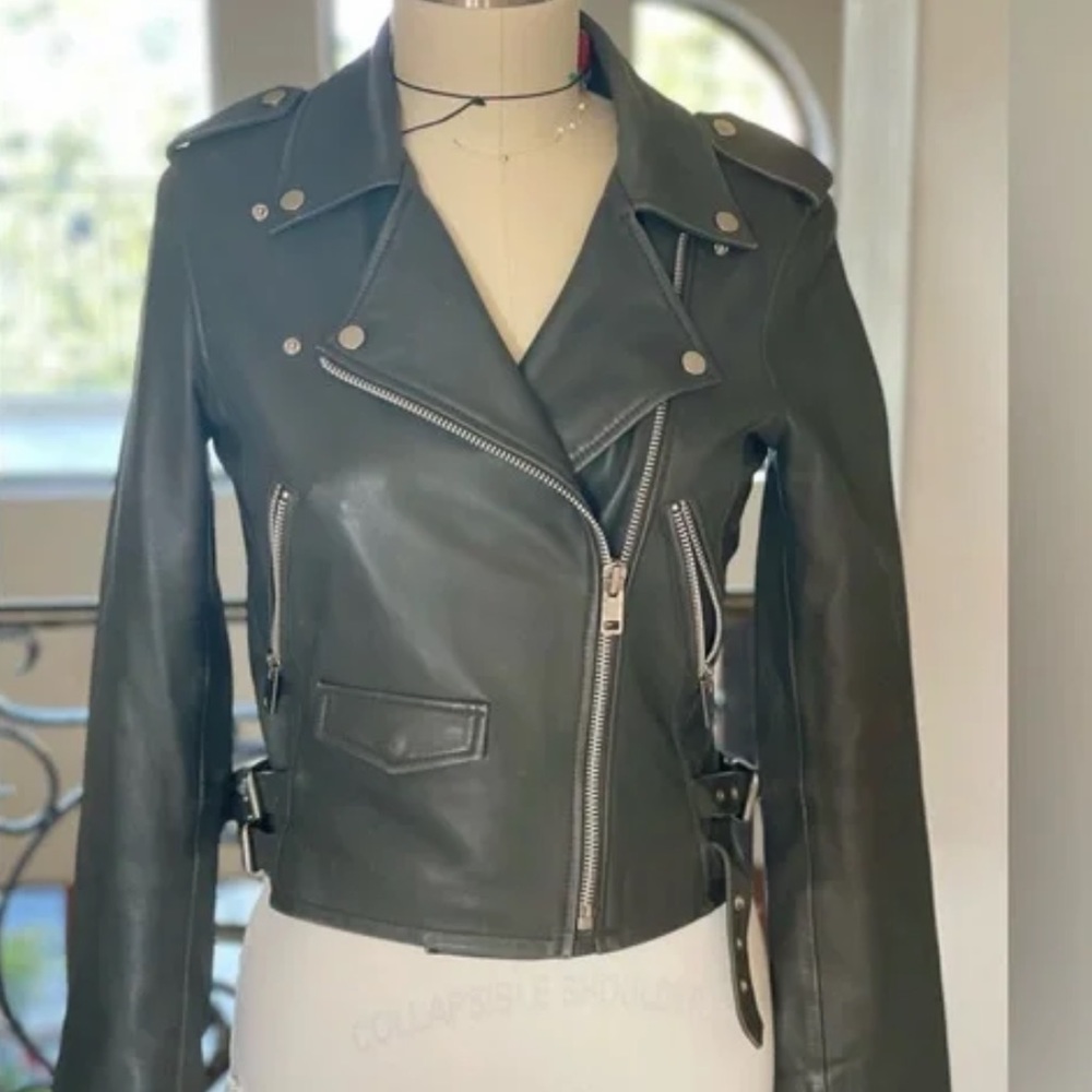 Walter Baker Liz Army Green Moto Biker Leather Jacket $698 Sz Medium